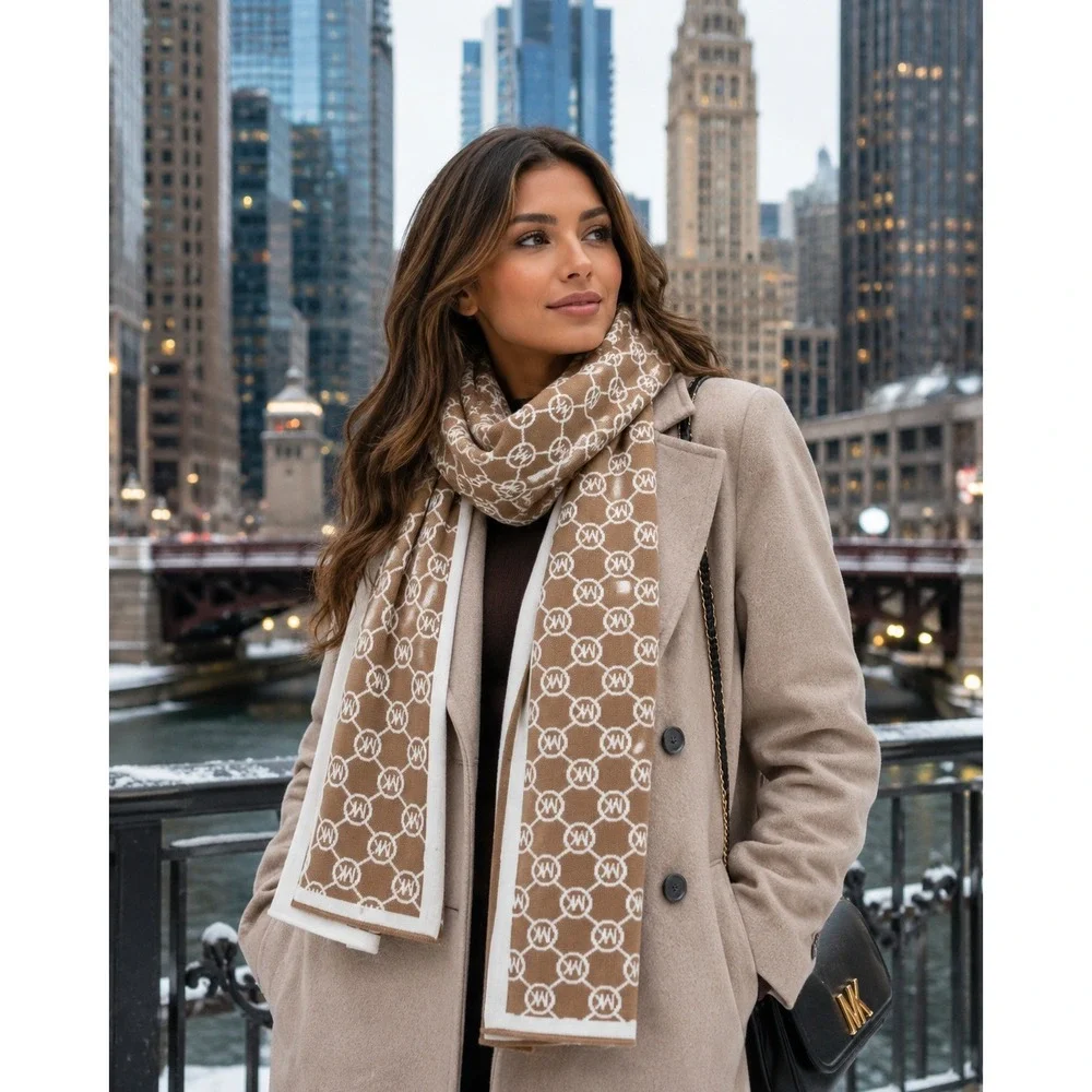 Michael Kors Knit Scarf Camel Cream Reversible MK Logo Monogram 62